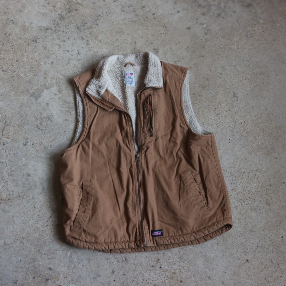 Vintage Dickies Sherpa Lined Duck Canvas Work Vest Brown Full Zip Utility Size L